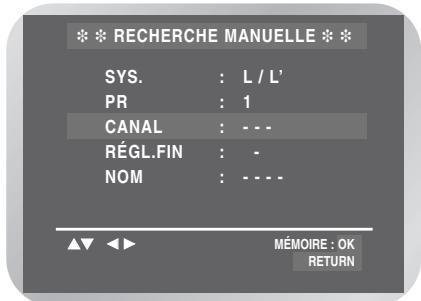 *** RECHERCHE MANUELLE *** SYS. : L / L' PR : 1 CANAL : --- RÉGL.FIN : - NOM : ---- MÉMOIRE : OK RETURN