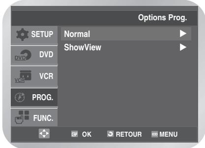 Options Prog. SETUP Normal ShowView DVD VCR PROG. FUNC. OK RETOUR MENU