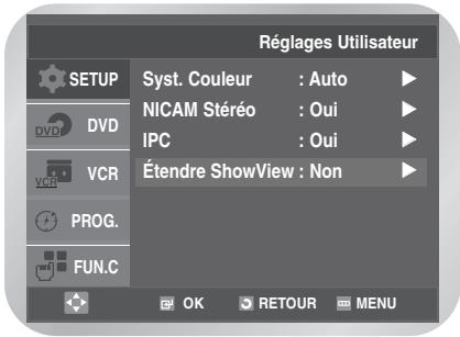 Régages Utilisateur SETUP Syst. Couleur : Auto NICAM Stéréo : Oui IPC : Oui Étendre ShowView : Non DVD VCR PROG. FUN.C OK RETOUR MENU