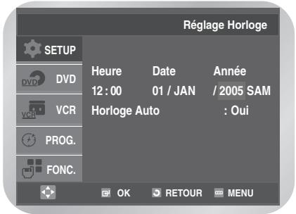 Réglage Horloge SETUP Heure Date Année 12 : 00 01 / JAN / 2005 SAM Horloge Auto : Oui DVD VCR PROG. FONC. OK RETOUR MENU