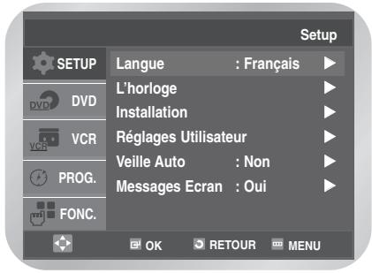 Setup SETUP Langue : Français L'horloge Installation Réglages Utilisateur Veille Auto : Non Messages Ecran : Oui DVD VCR PROG. FONC. OK RETOUR MENU