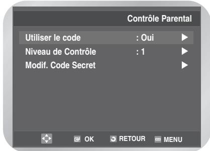 Contrôle Parental Utiliser le code : Oui Niveau de Contrôle : 1 Modif. Code Secret