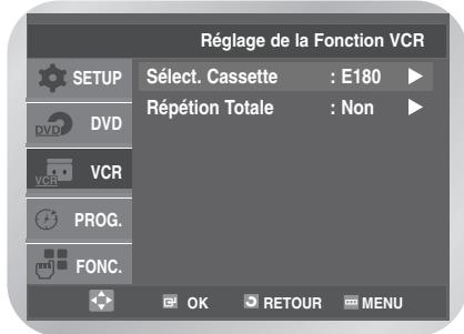 Réglage de la Fonction VCR SETUP Sélect. Cassette : E180 Répétion Totale : Non DVD VCR PROG. FONC. OK RETOUR MENU