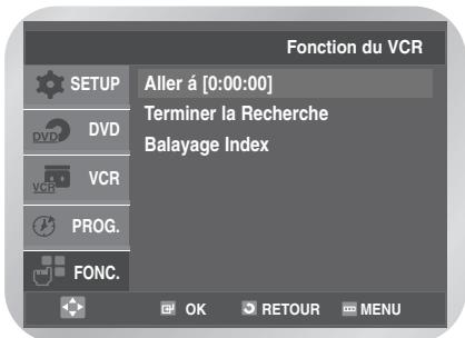 Fonction du VCR SETUP Aller á [0:00:00] DVD Terminer la Recherche VCR Balayage Index PROG. FONC. OK RETOUR MENU