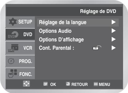 Réglage de DVD SETUP DVD VCR PROG. FONC. Réglage de la langue Options Audio Options D'affichage Cont. Parental : OK RETOUR MENU