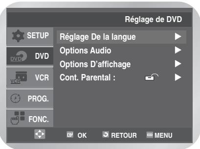 Réglage de DVD SETUP Réglage De la langue Options Audio Options D'affichage Cont. Parental : OK RETOUR MENU