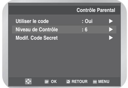 Contrôle Parental Utiliser le code : Oui Niveau de Contrôle : 6 Modif. Code Secret