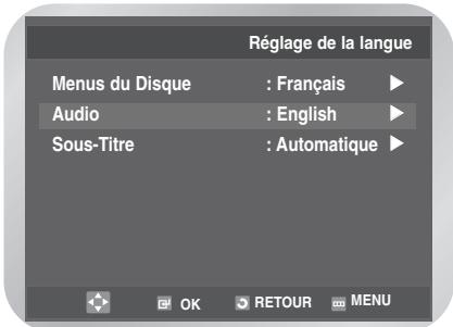 Réglage de la langue Menus du Disque : Français ▶ Audio : English ▶ Sous-Titre : Automatique ▶