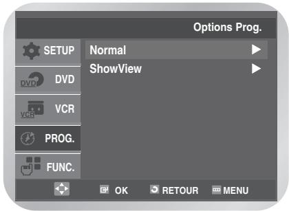Options Prog. SETUP Normal ShowView DVD VCR PROG. FUNC. OK RETOUR MENU