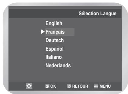 Sélection Langue English ► Français Deutsch Español Italiano Nederlands OK RETOUR MENU