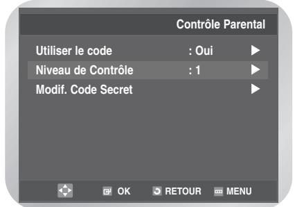 Contrôle Parental Utiliser le code : Oui Niveau de Contrôle : 1 Modif. Code Secret