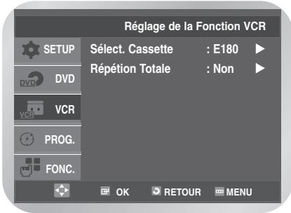 Réglage de la Fonction VCR SETUP Sélect. Cassette : E180 Récution Totale : Non DVD VCR PROG. FONC. OK RETOUR MENU