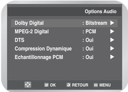 Options Audio Dolby Digital : Bitstream ▶ MPEG-2 Digital : PCM ▶ DTS : Oui ▶ Compression Dynamique : Oui ▶ Echantillonnage PCM : Oui ▶