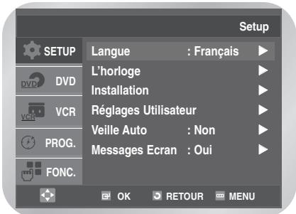 Setup LANGUE : Français L'horloge Installation Réglages Utilisateur Veille Auto : Non Messages Ecran : Oui OK RETOUR MENU