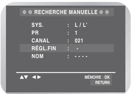 *** RECHERCHE MANUELLE *** SYS. : L / L' PR : 1 CANAL : 021 RÉGL.FIN : - NOM : - - - - MÉMOIRE : OK RETURN