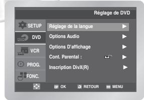Réglage de DVD SETUP DVD VCR PROG. FONC. Réglage de la langue Options Audio Options D'affichage Cont. Parental : Inscription DivX(R) OK RETOUR MENU
