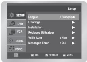 Setup L'horloge : Français Installation Réglages Utilisateur Veille Auto : Non Messages Ecran : Oui OK RETOUR MENU