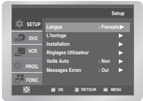 Setup L'horloge : Français Installation Réglages Utilisateur Veille Auto : Non Messages Ecran : Oui OK RETOUR MENU