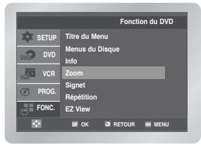 Fonction du DVD SETUP DVD VCR PROG. FONC. Titre du Menu Menus du Disque Info Zoom Signet Répartition EZ View OK RETOUR MENU