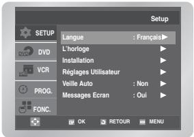 Setup L'horloge : Français Installation Réglages Utilisateur Veille Auto : Non Messages Ecran : Oui OK RETOUR MENU