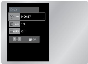 DivX TIME 0:06:57 AUDIO 1/1 SHORTTIME Off 0~9 OK