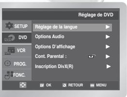 Réglage de DVD SETUP DVD VCR PROG. FONC. Réglage de la langue Options Audio Options D'affichage Cont. Parental : Inscription DivX(R) OK RETOUR MENU