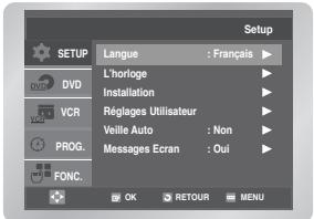Setup L'horloge : Français Installation Réglages Utilisateur Veille Auto : Non Messages Ecran : Oui OK RETOUR MENU