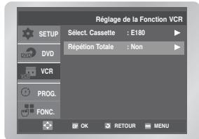 Réglage de la Fonction VCR SETUP SÉLECT. CASSETTE : E180 DVD VCR PROG. FONC. Repétion Totale : Non OK RETOUR MENU