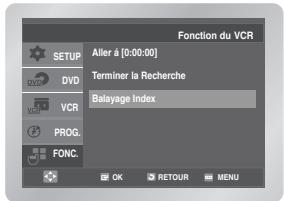Fonction du VCR SETUP DVD VCR PROG. FONC. Alter à [0:00:00] Terminer la Recherche Belayage Index OK RETOUR MENU
