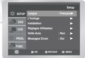 Setup SETUP L'horloge : Français DVD Installation VCR Régages Utilisateur VEille Auto : Non PROG. Messages Ecran : Oui FONC. OK RETOUR MENU