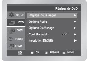 Réglage de DVD SETUP DVD VCR PROG. FONC. Réglage de la langue Options Audio Options D'affichage Cont. Parental : Inscription DivX(R) OK RETOUR MENU