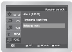 Fonction du VCR SETUP DVD VCR PROG. FONC. Atler 4 [0:00:00] Terminer la Recherche Balayage Index OK RETOUR MENU