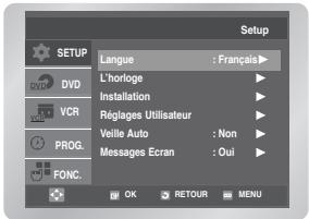 Setup L'horloge : Français Installation Réglages Utilisateur Veille Auto : Non Messages Ecran : Oui OK RETOUR MENU