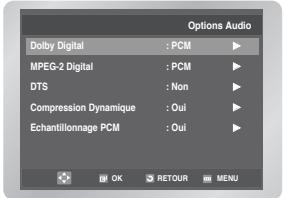 Options Audio Dolby Digital : PCM MPEG-2 Digital : PCM DTS : Non Compression Dynamique : Oui Echantillonnage PCM : Oui OK RETOUR MENU
