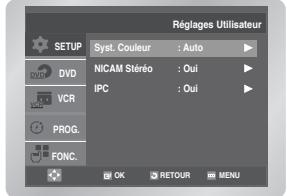 Régages Utilisateur Syst. Couleur : Auto NICAM Stéréo : Oui IPC : Oui OK RETOUR MENU