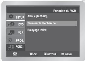 Fonction du VCR SETUP DVD VCR PROG. FONC. Alter à [0:00:00] Terminer la Recherche Belayage Index OK RETOUR MENU