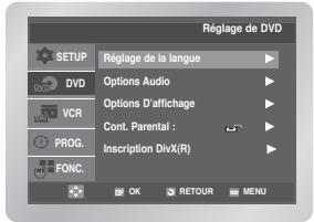 Réglage de DVD SETUP DVD VCR PROG. FONC. Réglage de la langue Options Audio Options D'affichage Cont. Parental : Inscription DivX(R) OK RETOUR MENU