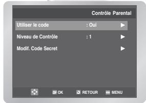 Contrôle Parental Utiliser le code : Oui Niveau de Contrôle : 1 Modif. Code Secret