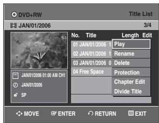 SAMSUNG DVD-VR335 - Press the  buttons to select a title containing a chapter you want to edit, then press the ENTER or  button. - 1