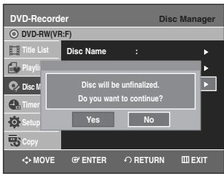 SAMSUNG DVD-VR335 - Unfinalizing a disc (VVR mode) - 6