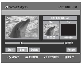 SAMSUNG DVD-VR335 - Press the ENTER button at the starting point. The image and starting point time are displayed in the section deletion starting point window. Edit Title List Screen Elements - 1