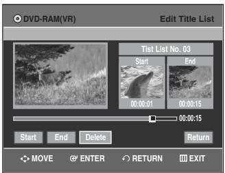 SAMSUNG DVD-VR335 - Press the ENTER button at the end point. The image and end point time are displayed in the Section deletion ending point window. - 1