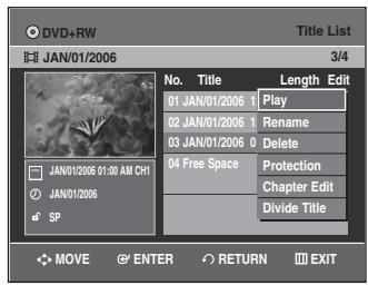 SAMSUNG DVD-VR335 - Press the  buttons to select a title you want to divide from the Title List, then press the ENTER or button. - 1