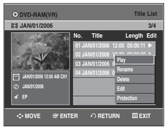 SAMSUNG DVD-VR335 - Press the  buttons to select a title you want to delete from the Title List, then press the ENTER or  button. - 1