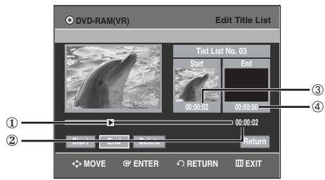 SAMSUNG DVD-VR335 - Press the ENTER button at the starting point. The image and starting point time are displayed in the section deletion starting point window. Edit Title List Screen Elements - 2