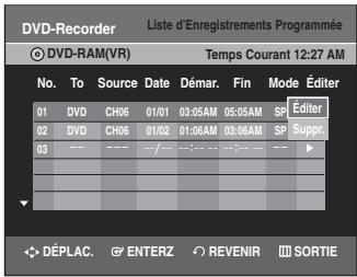 SAMSUNG DVD-VR335 - Sélectionnez le numéro de l'enregistrement programme que vous souhaitez supprimer en déplaçant la barre de sélection à l'aide des touches ▲▼ puis appuyez sur ENTER. - 1