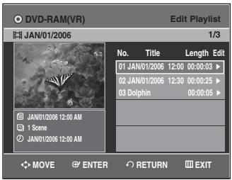 SAMSUNG DVD-VR335 - Press the PLAY LIST button with the disc stopped. The Edit Playlist screen is displayed. - 1