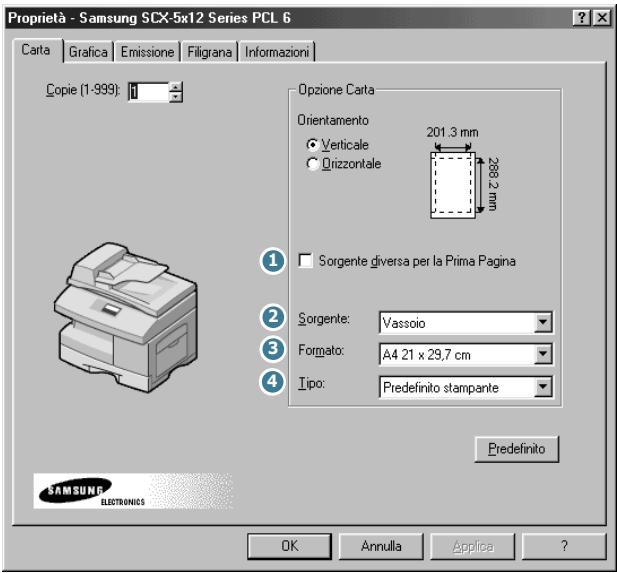 Proprietà - Samsung SCX-5x12 Series PCL 6 Carta Grafica Emissione Filigrana Informazioni Copie (1-999): 1 Opzione Carta Orientamento ● Verticale ○ Urizzontale 201.3 mm Sorgente diversa per la Prima Pagina Sorgente: Vassoio Formato: A4 21 x 29,7 cm Tipo: Predefinito stampante Predefinito OK Annulla Applice ?