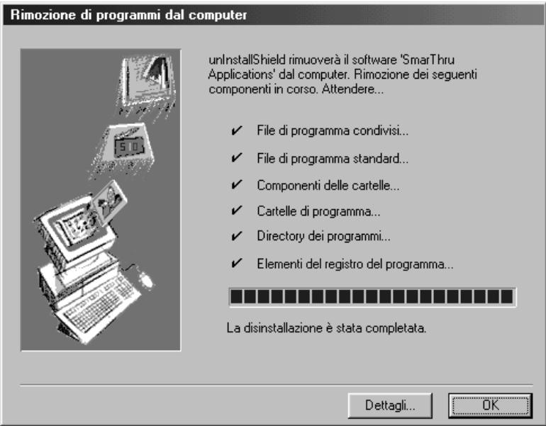 Rimozione di programmi dal computer unInstallShield rimuoverà il software 'SmarThru Applications' dal computer. Rimozione dei seguenti componenti in corso. Attendere... ✓ File di programma condivisi... ✓ File di programma standard... ✓ Componenti delle cartelle... ✓ Cartelle di programma... ✓ Directory dei programmi... ✓ Elementi del registro del programma... La disinstallazione è stata completata. Dettagli... OK