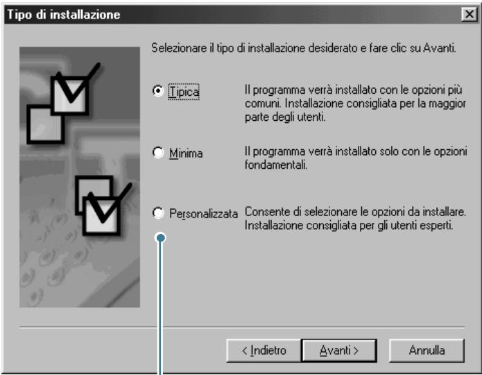 Tipo di installazione Selezionare il tipo di installazione desiderato e fare clic su Avanti. Tipica Il programma verrà installato con le opzioni più comuni. Installazione consigliata per la maggior parte degli utenti. Minima Il programma verrà installato solo con le opzioni fondamentali. Personalizzata Consente di selezionare le opzioni da installare. Installazione consigliata per gli utenti esperti. < Indietro Avanti > Annulla